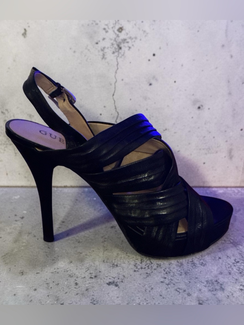 GUESS GWALEANA Black Leather Strappy Platform Stiletto Heels Size 8M